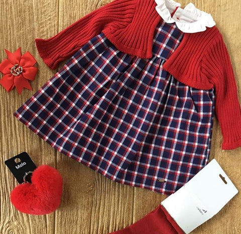 MYL 2807 10 Checkered Dress with Red Cardigan